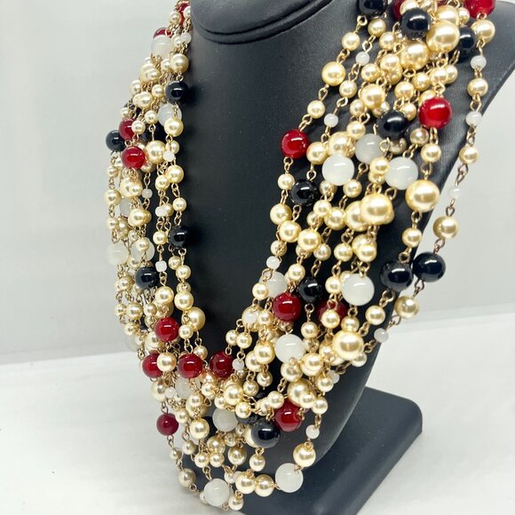 MULTI STRAND PEARL BEAD NECKLACE RED BLACK GOLD LUXE COUTURE STATEMENT 28" - Picture 6 of 12